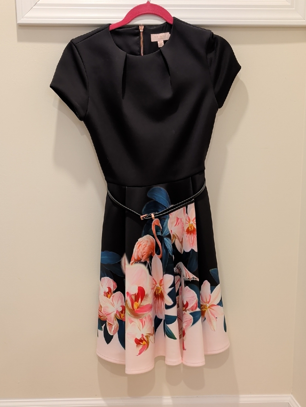 Ted Baker Black Dress with Pink Floral Hem and Belt